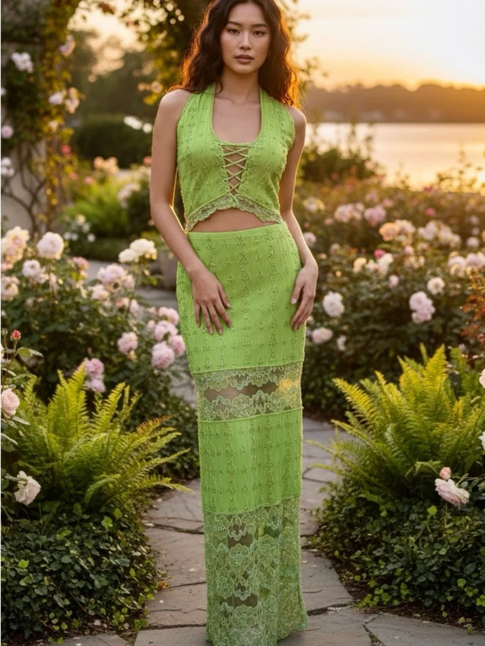 Lace-Inset Lime Green Maxi Skirt and top set‎ hand beaded on stretch fabric
